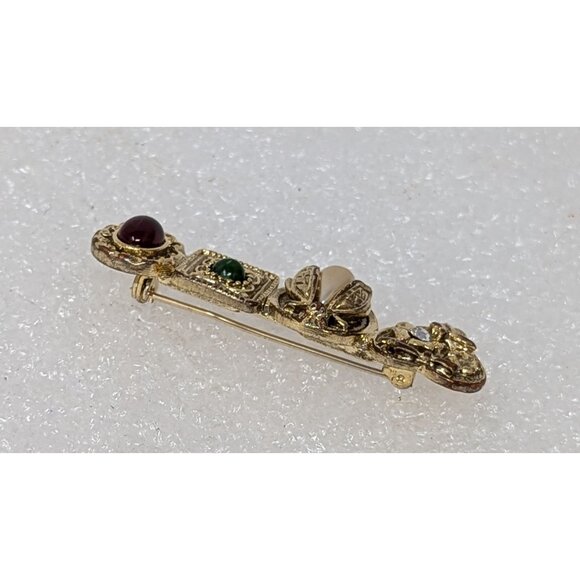 Vintage Gold Tone Bar Pin Brooch Faux Pearl Rhinestone 2 1/4" - Picture 3 of 4